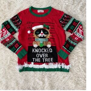 No Boundaries Christmas‎ Sweater Grumpy Cat Knocked Over Tree Holiday L